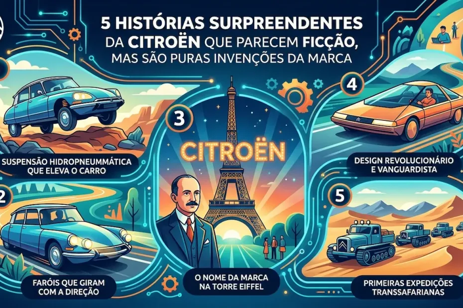 Sabia que um Citroën já salvou a vida de um presidente com os pneus furados? Conheça 5 curiosidades inacreditáveis e ideias malucas da marca que mudaram a história.