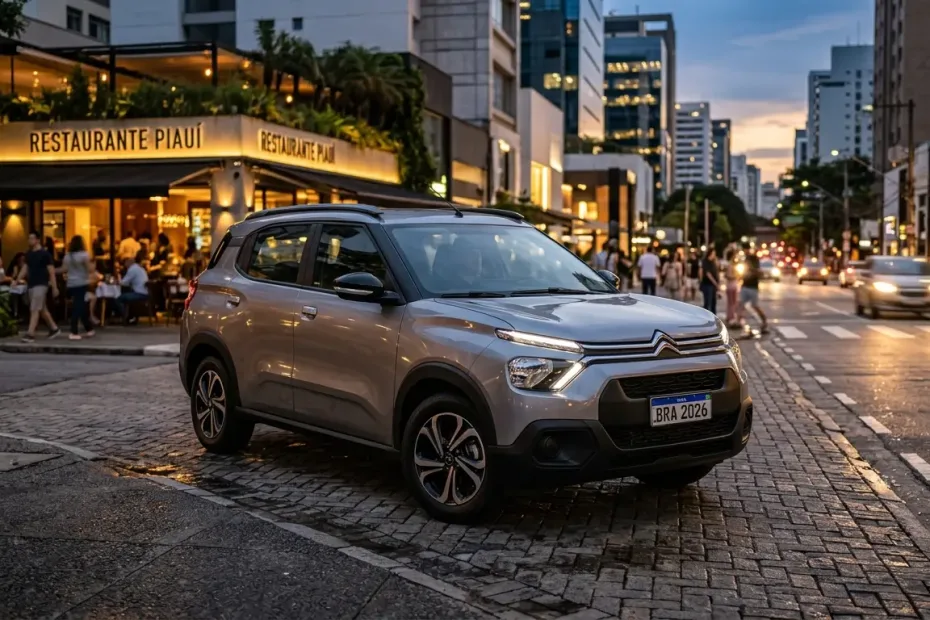 Citroën C3 Aircross 2026 cinza metálico em ambiente urbano, destacando o porte de SUV familiar.