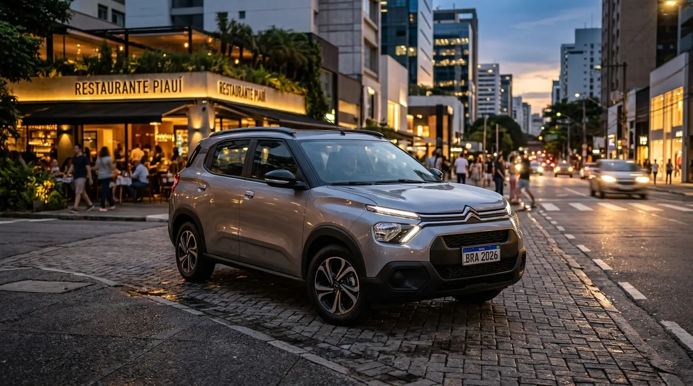 Citroën C3 Aircross 2026 cinza metálico em ambiente urbano, destacando o porte de SUV familiar.