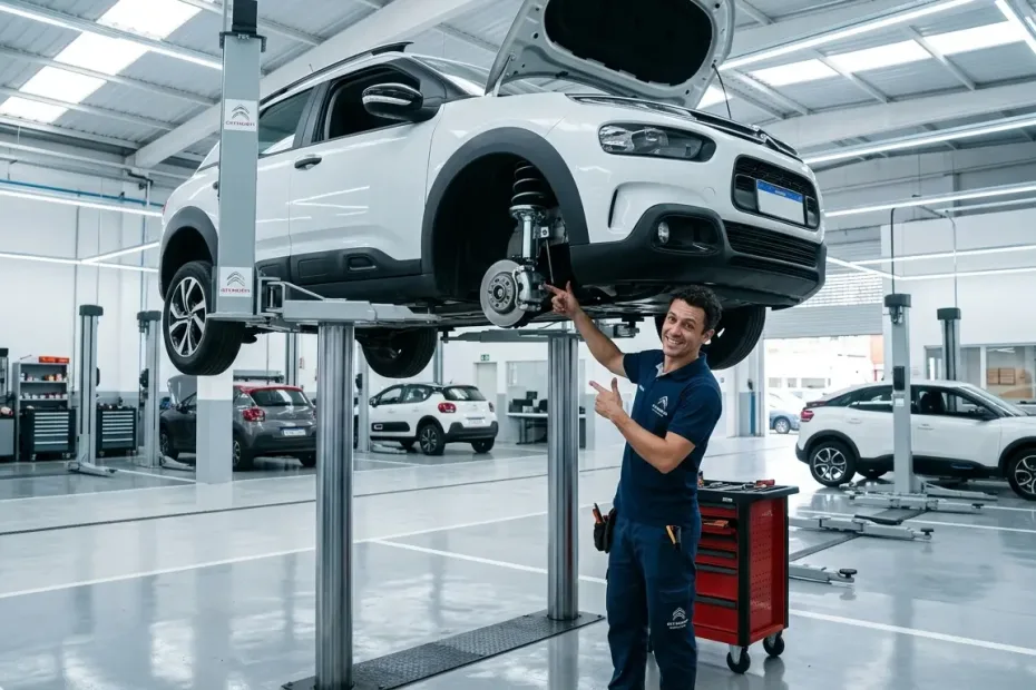 Citroën C4 Cactus branco suspenso em um elevador hidráulico de oficina mecânica profissional, com mecânico inspecionando a suspensão dianteira durante revisão preventiva.