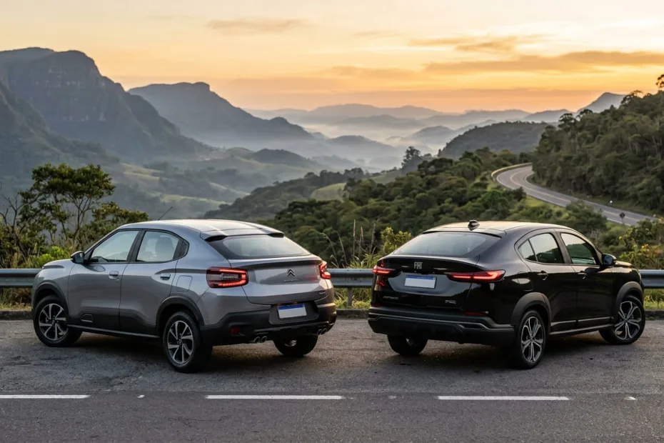 Comparativo entre o Citroën Basalt e o Fiat Fastback em uma estrada brasileira, destacando o design coupé de ambos.
