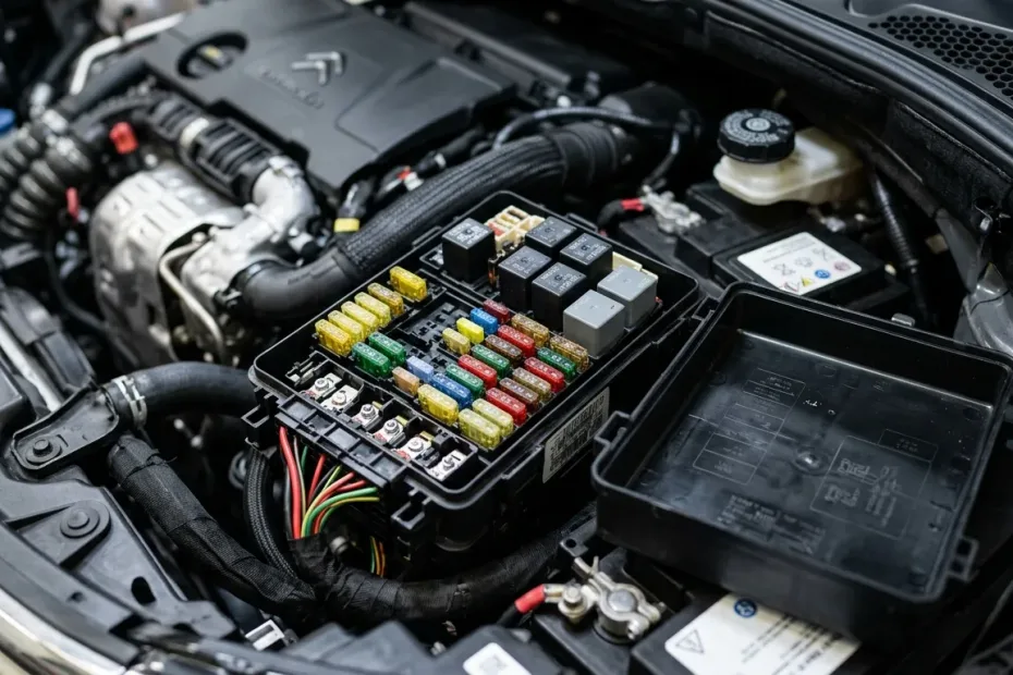 Foto técnica da caixa de fusíveis aberta de um Citroën C3 moderno, com um testador de corrente e as mãos de um técnico.