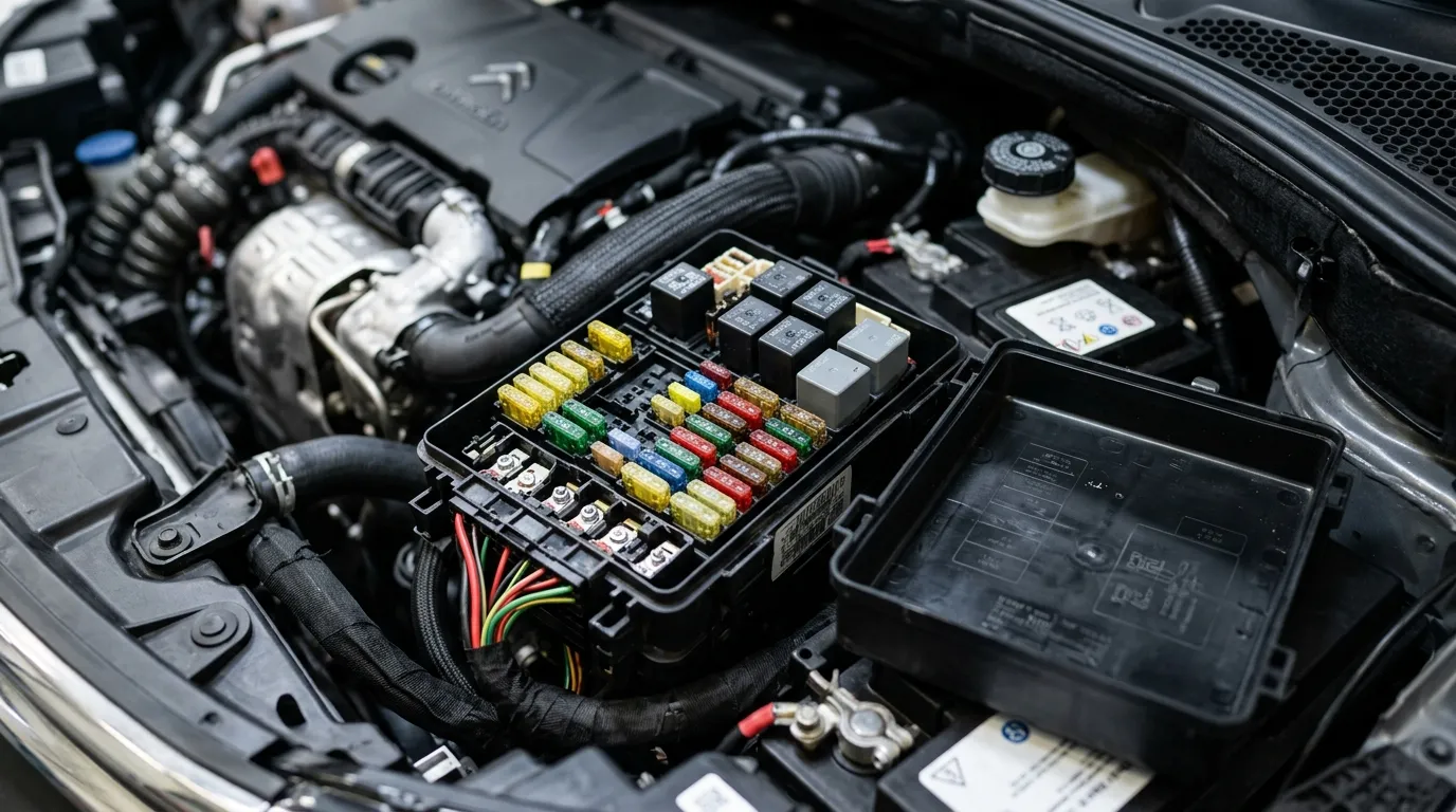 Foto técnica da caixa de fusíveis aberta de um Citroën C3 moderno, com um testador de corrente e as mãos de um técnico.