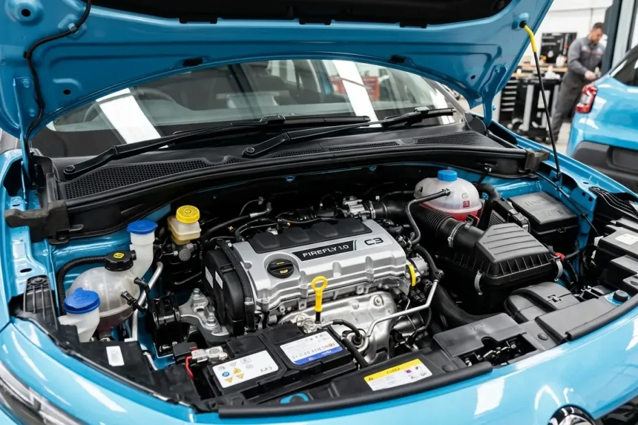 Uma foto do motor 1.0 Firefly limpo, dentro do cofre do C3, com destaque para a facilidade de acesso aos componentes. Ao fundo, o carro em uma cor vibrante como o "Spring Blue".