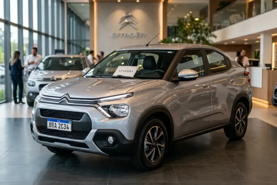 Um Citroën Basalt seminovo em uma loja de veículos premium no Brasil, com uma placa de "Vendido" no para-brisa.