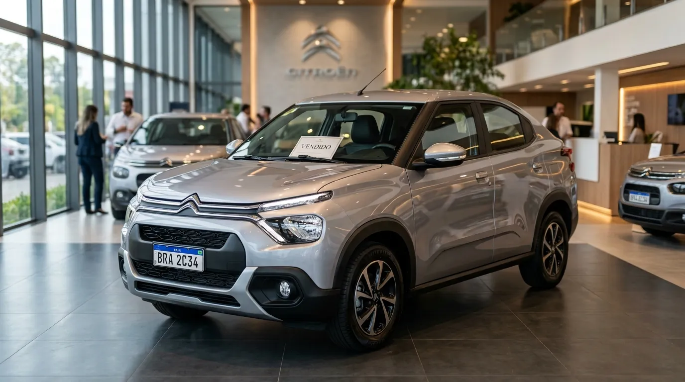 Um Citroën Basalt seminovo em uma loja de veículos premium no Brasil, com uma placa de "Vendido" no para-brisa.