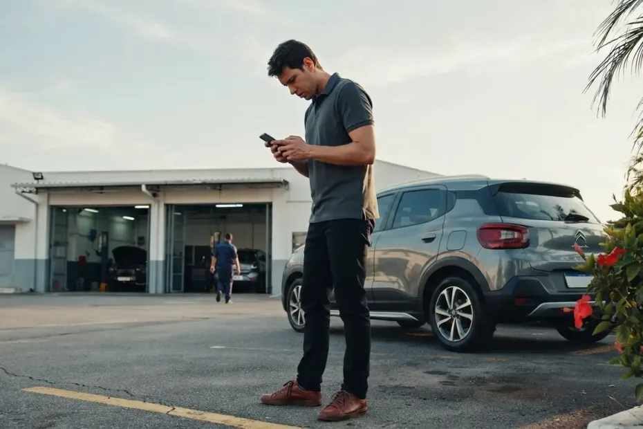 Proprietário preocupado ao lado de SUV compacto em frente a concessionária consultando o celular