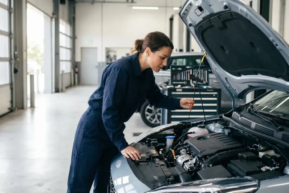Mecânico verificando fluidos do motor de um hatch compacto durante revisão preventiva em concessionária