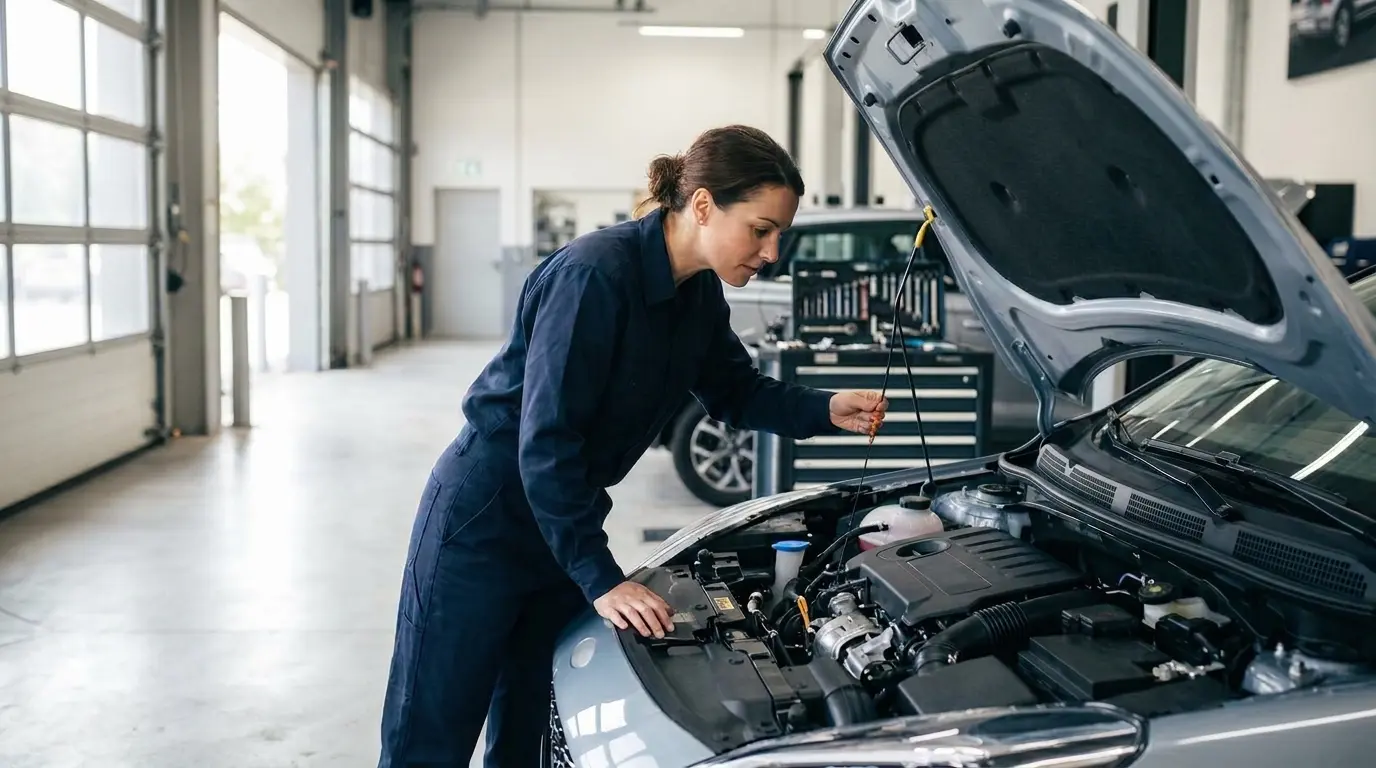 Mecânico verificando fluidos do motor de um hatch compacto durante revisão preventiva em concessionária