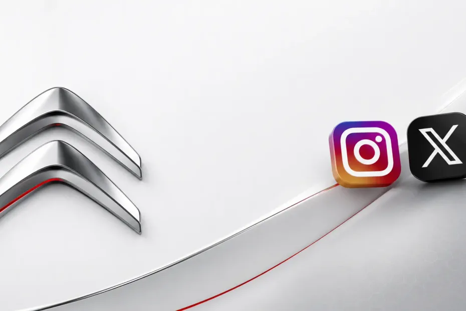 Anúncio das redes sociais do portal Meu Citroën com ícones do Instagram e X Twitter, destacando o controle de manutenção e notícias sobre veículos Citroën