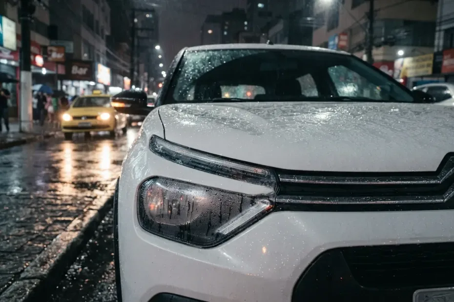 Farol dianteiro de um Citroën C3 com gotículas de umidade interna após um dia de chuva no Brasil.