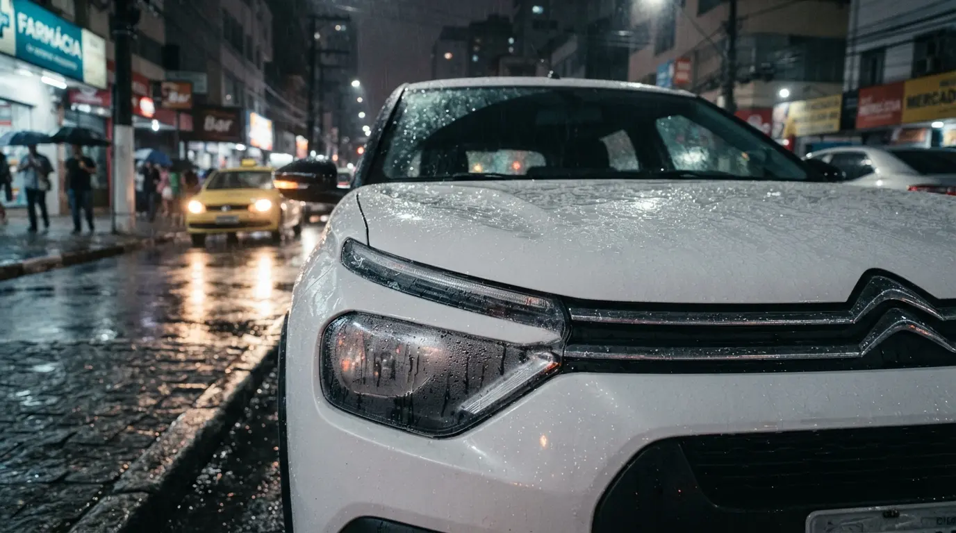 Farol dianteiro de um Citroën C3 com gotículas de umidade interna após um dia de chuva no Brasil.