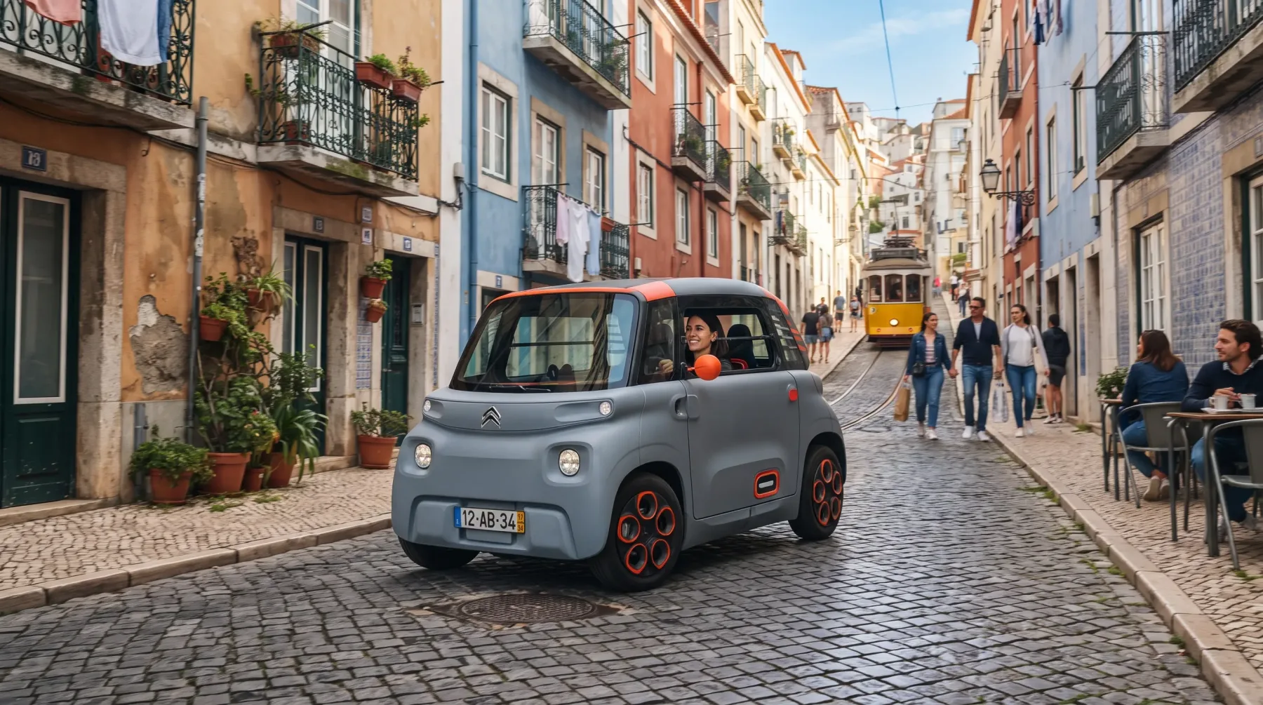 Microcarro elétrico Citroën Ami circulando em uma rua urbana europeia, destacando seu tamanho compacto.