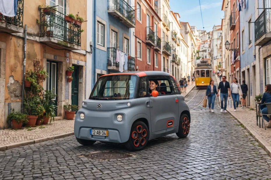 Microcarro elétrico Citroën Ami circulando em uma rua urbana europeia, destacando seu tamanho compacto.