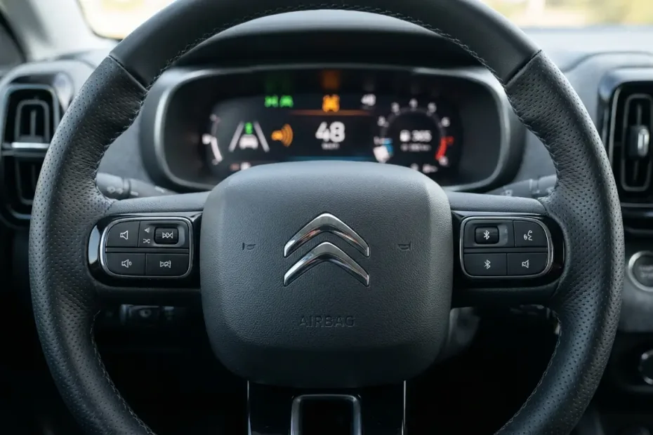 Detalhe do volante de um Citroën destacando o logo do Airbag e ícones de segurança ativa no painel digital.