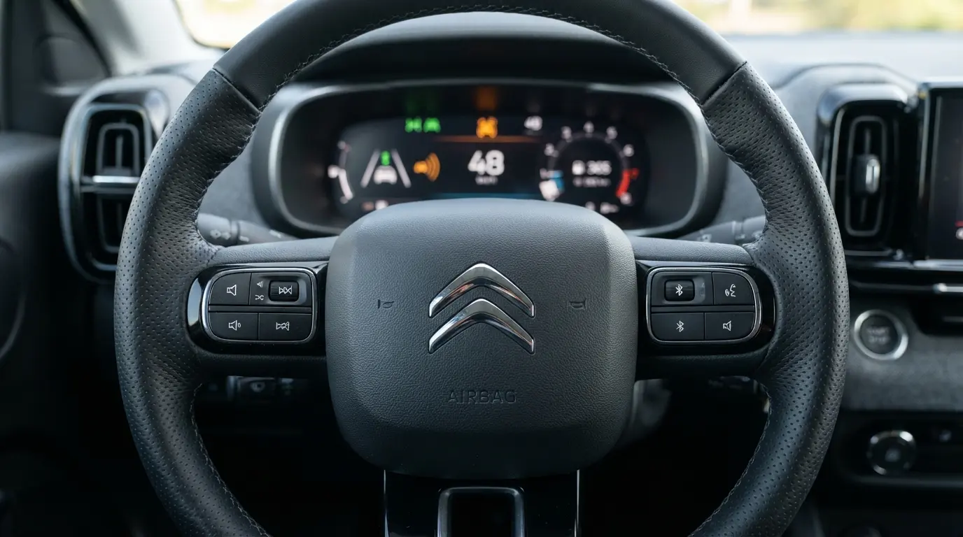 Detalhe do volante de um Citroën destacando o logo do Airbag e ícones de segurança ativa no painel digital.