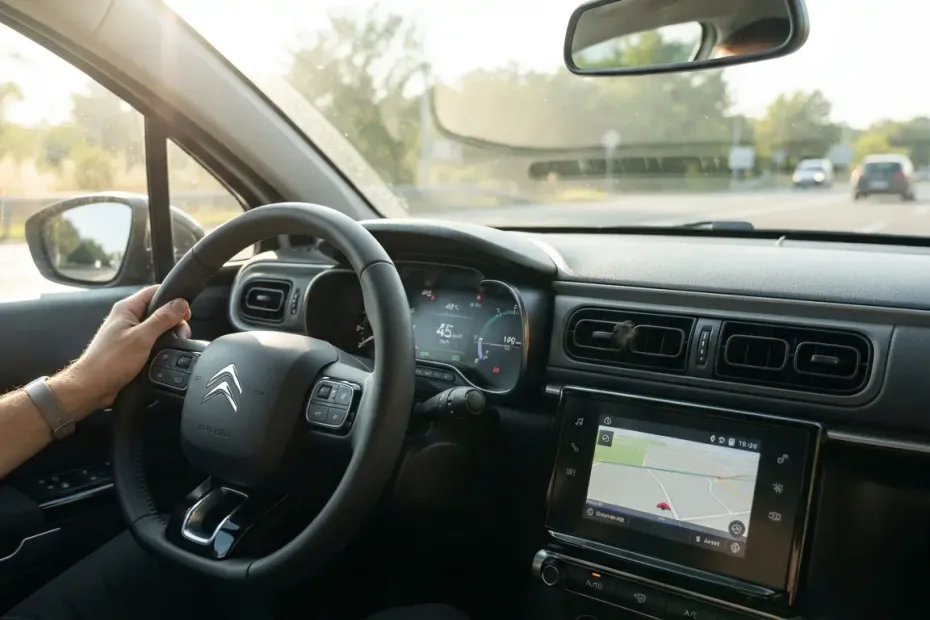 Vista interna de um Citroën com o painel digital marcando alta temperatura externa