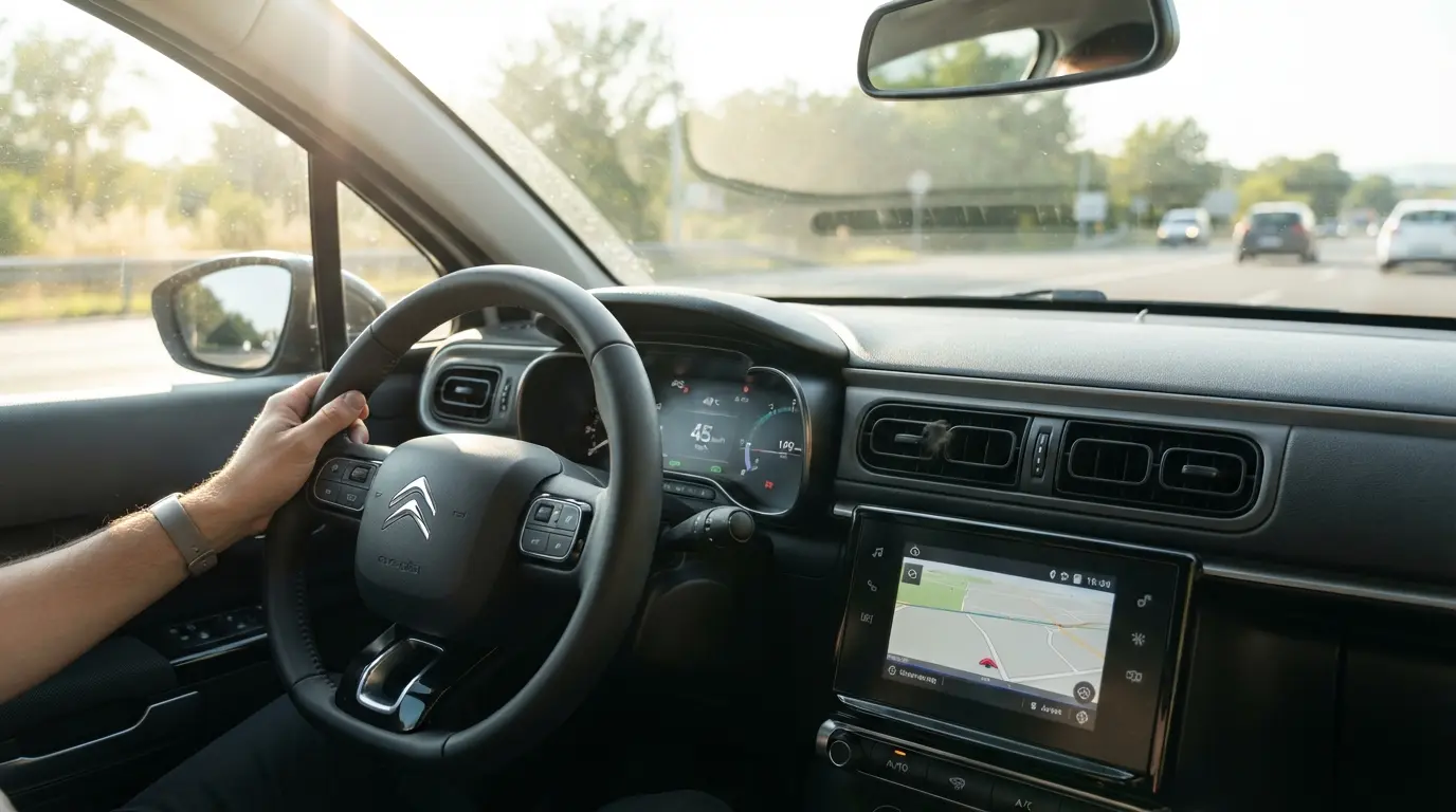 Vista interna de um Citroën com o painel digital marcando alta temperatura externa
