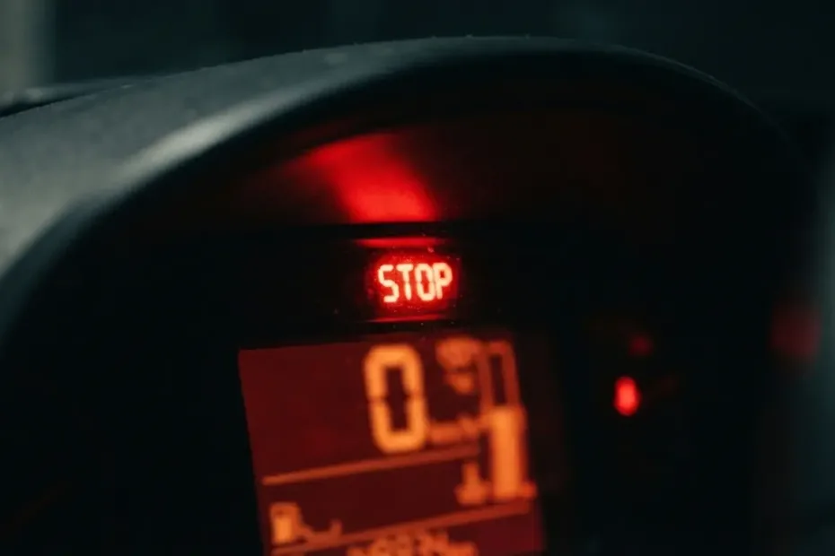 Painel digital do Citroën C4 Pallas com luz de advertência STOP e alerta de temperatura excessiva.