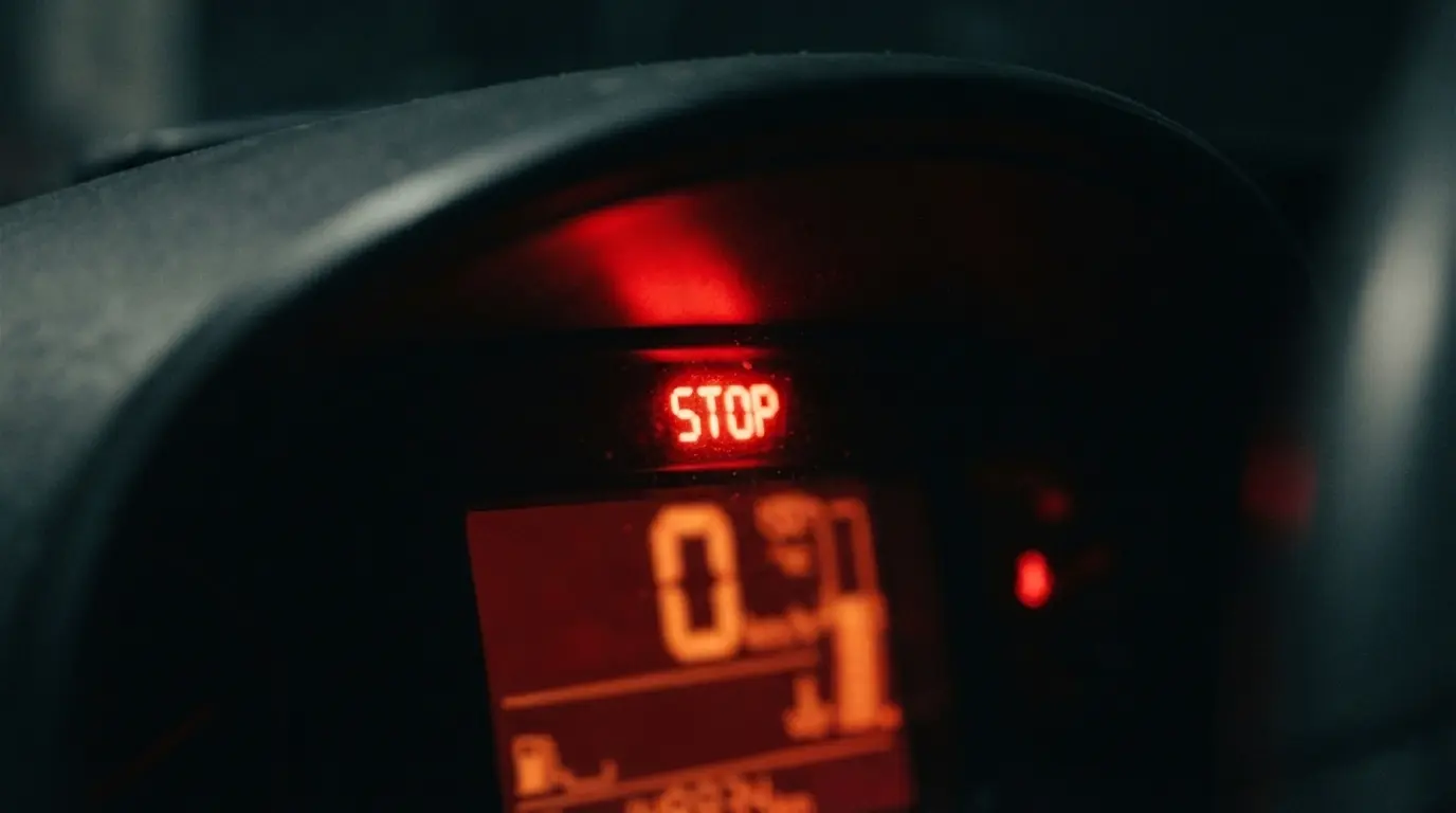 Painel digital do Citroën C4 Pallas com luz de advertência STOP e alerta de temperatura excessiva.