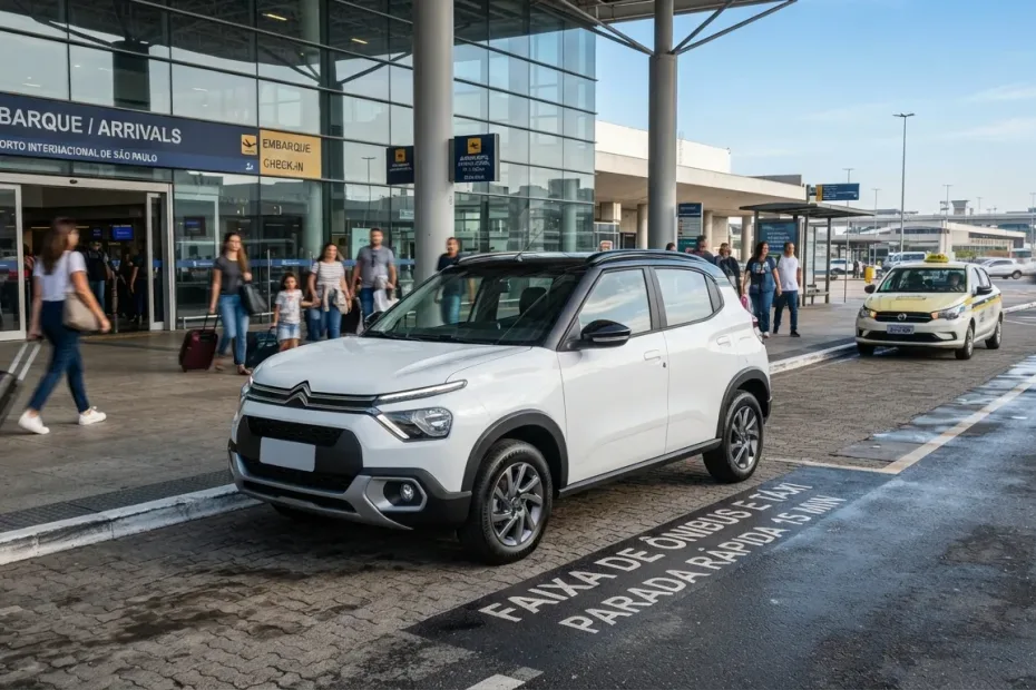 Citroën C3 branco estacionado em área de embarque de aeroporto no Brasil, ideal para transporte por aplicativo.
