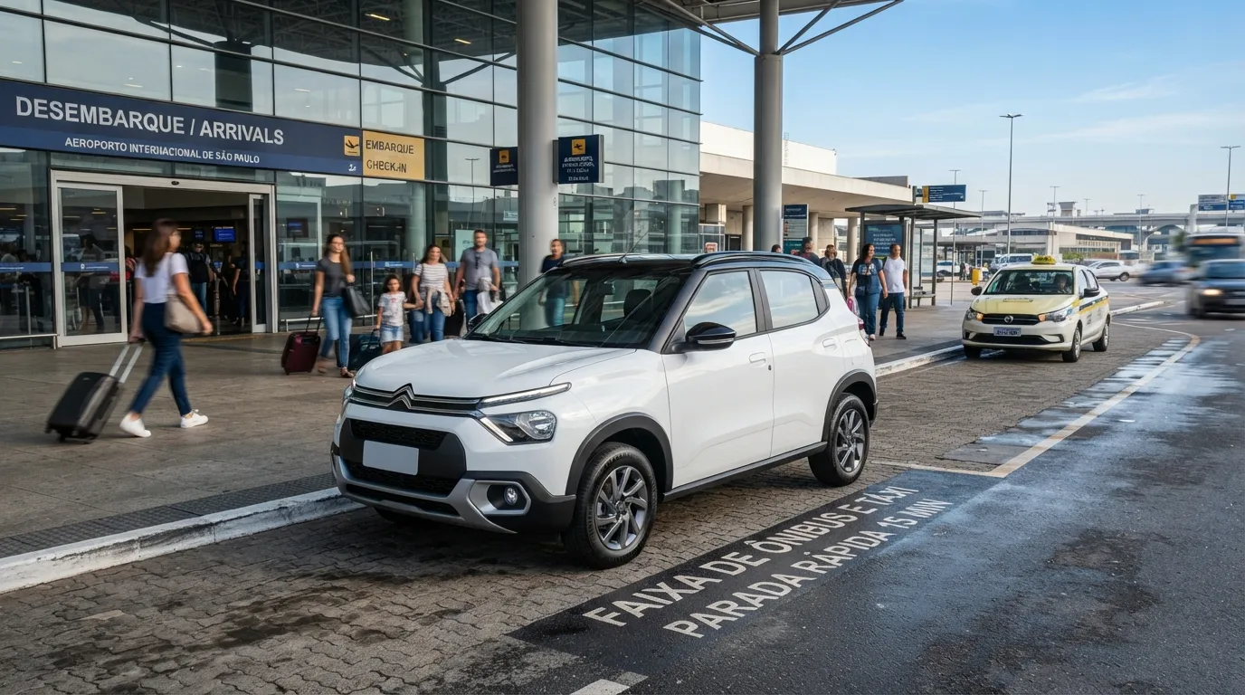 Citroën C3 branco estacionado em área de embarque de aeroporto no Brasil, ideal para transporte por aplicativo.