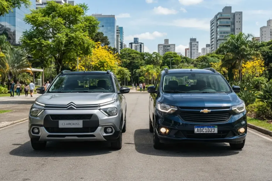 Comparativo entre o Citroën C3 Aircross prata e a Chevrolet Spin azul em um cenário urbano brasileiro.