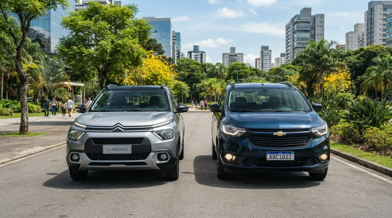Comparativo entre o Citroën C3 Aircross prata e a Chevrolet Spin azul em um cenário urbano brasileiro.